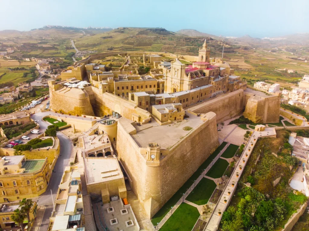 Aerial view of the citadel in Victoria city (Rabat) - capital of Gozo island in Malta