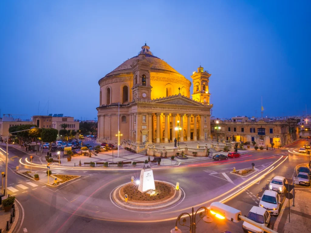 Cathedral of Mosta, Rotunda dome, Malta, at night